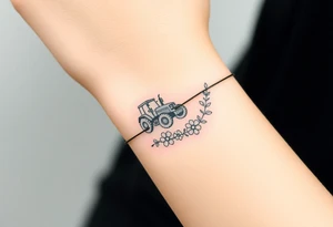 A bracelet that includes a very small tractor and flowers tattoo idea