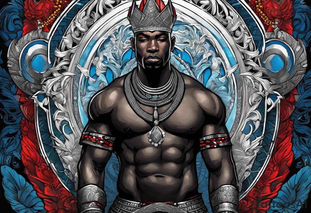 An african god, a bald black-skinned warrior, that uses a sword and a silver crown. He also uses blue and red necklaces tattoo idea