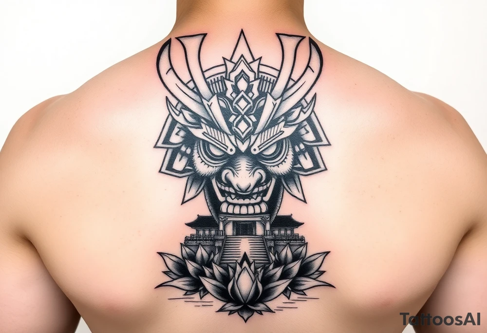 Samurai oni mask, Japanese temple, water, lotus tattoo idea