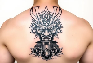 Samurai oni mask, Japanese temple, water, lotus tattoo idea