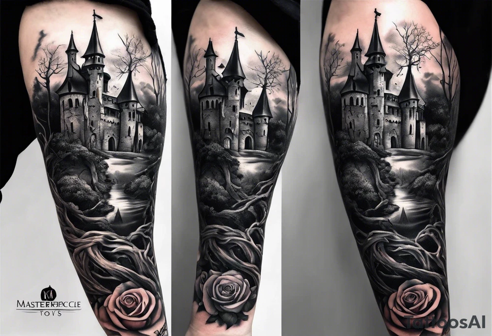 tattoo fool sleeve, old broken gothic castle, tree roots break out of the chains, roses tattoo idea
