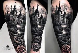 tattoo fool sleeve, old broken gothic castle, tree roots break out of the chains, roses tattoo idea