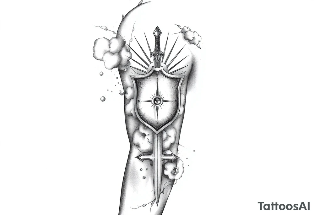 clouds, shield, sword, sun ray tattoo idea