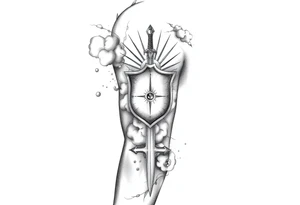 clouds, shield, sword, sun ray tattoo idea