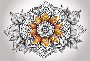 colorful mandala, boho, feminine, for upper back, leaves, flowers tattoo idea