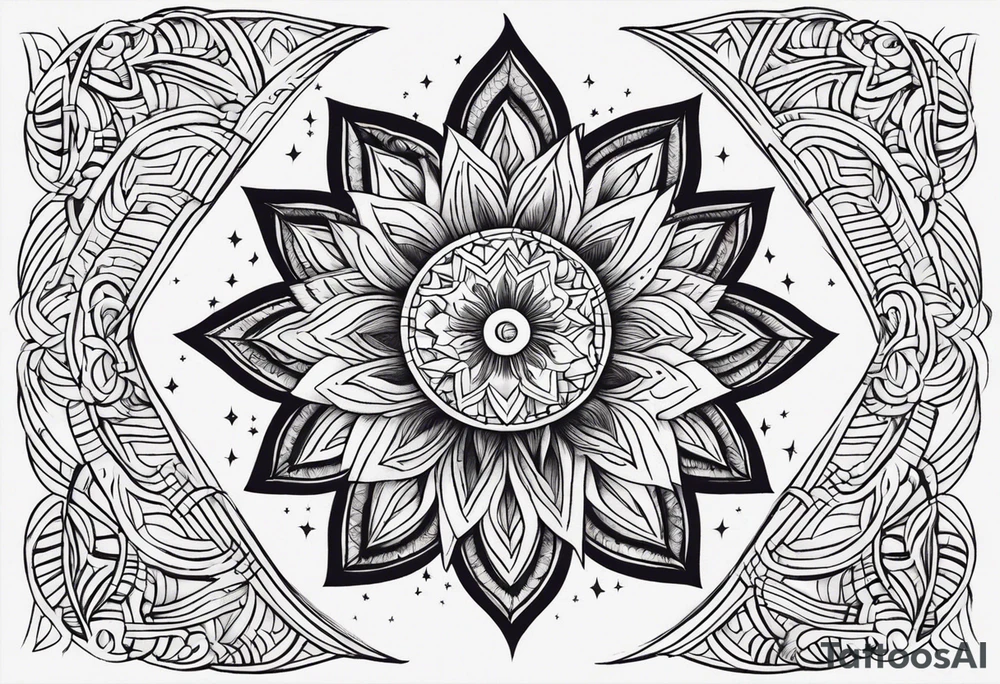 Sketch of a tattoo for a very thin girl - a cornucopia of 12 rays against the backdrop of the rising Sun tattoo idea