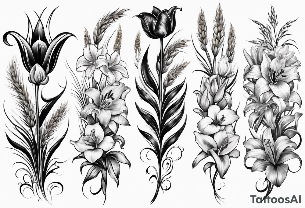 Vertical floral arm sleeve with wheat and dragonflower, snapdragon, and tulips lilly orchid, Queen-of-the-Night tattoo idea