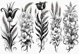 Vertical floral arm sleeve with wheat and dragonflower, snapdragon, and tulips lilly orchid, Queen-of-the-Night tattoo idea