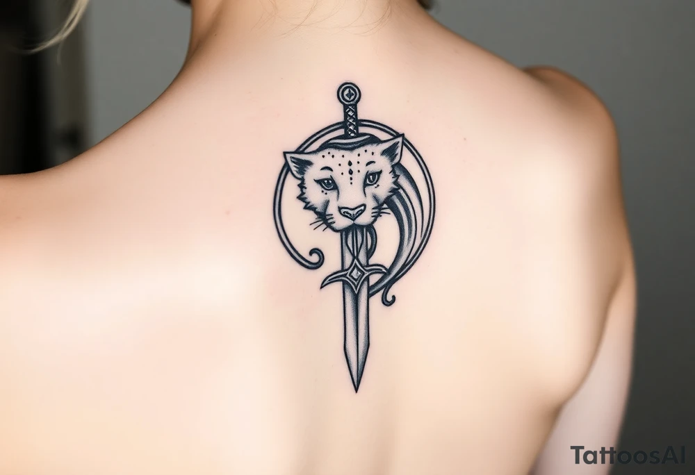 mystical panther around an ancient dagger with jeweled hilt tattoo idea