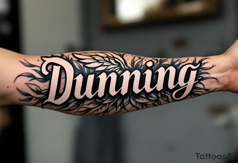 Dunning, Details include on left arm, name in white color,angel wing, wet jungle leaves,cool font, galaxy background filling, tattoo idea