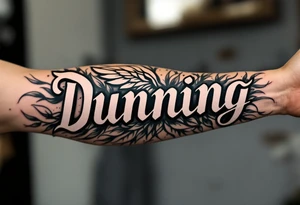 Dunning, Details include on left arm, name in white color,angel wing, wet jungle leaves,cool font, galaxy background filling, tattoo idea