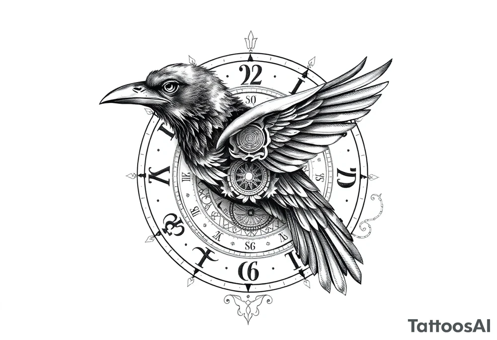 zodiac symbols runes within ornate clockwork mechanism raven tattoo idea
