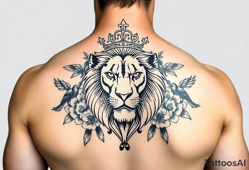 powerful majestic lion with a crown, surrounded by floral ornaments and birds tattoo idea