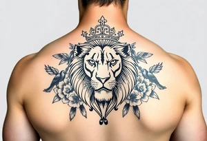 powerful majestic lion with a crown, surrounded by floral ornaments and birds tattoo idea