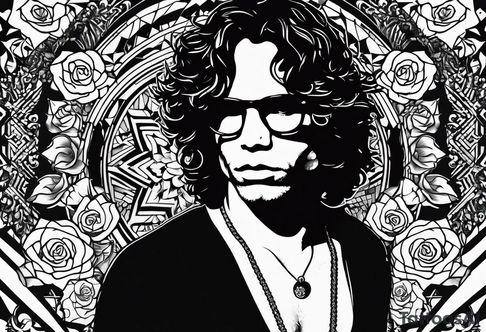 would like a black and white sleeve feautiring Jim Morrison (existing)
 on the upper arm, would like roses and psychadelic shapes in between, Hendrix's guitar, Joplins glasses and Johhn Cash portrait tattoo idea