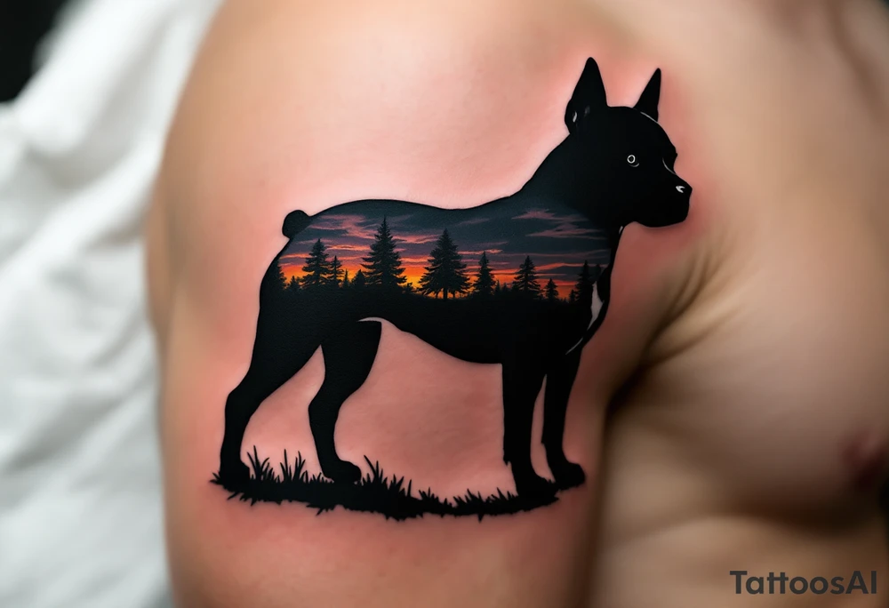 Stafford Silhouette with Landscape – Black silhouette of a Staffordshire Bull Terrierfilled with a sunset landscape in orange, purple, and yellow tones. tattoo idea