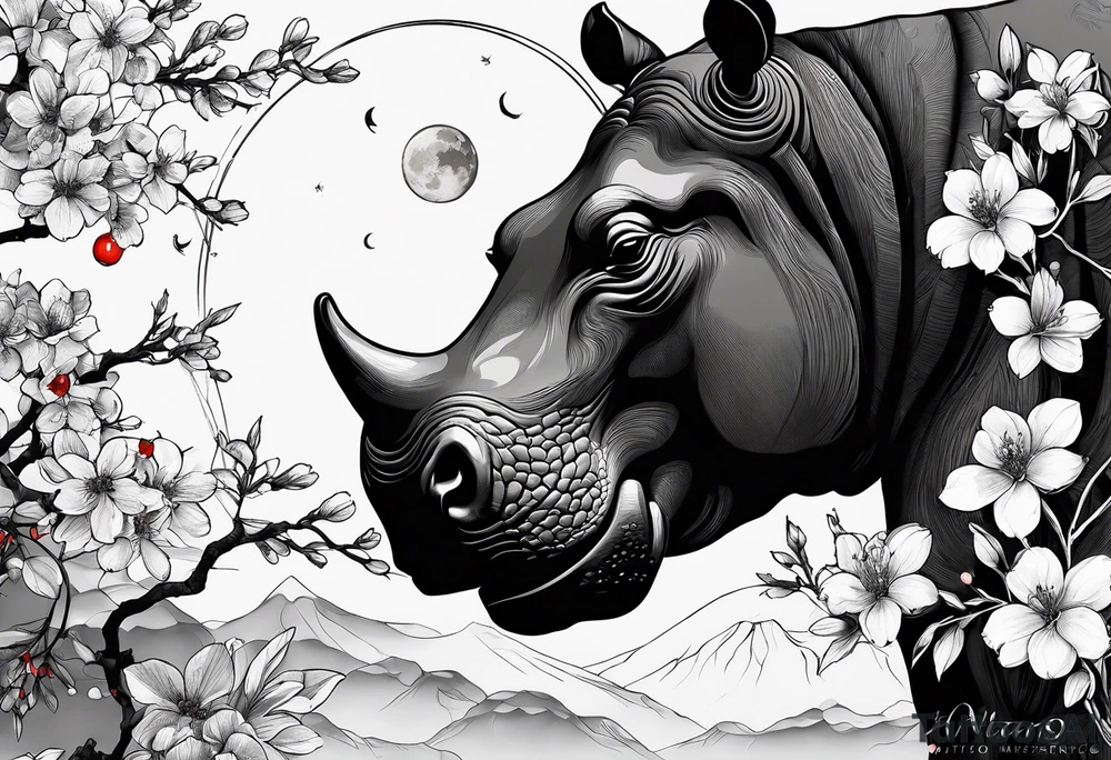 Asymmetrical, geometric, chinese ink art touch, hippo , full moon, wintersweet flower, light , modify from my favourite, ratio 9:16 tattoo idea