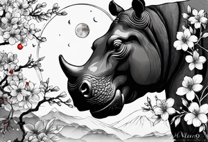 Asymmetrical, geometric, chinese ink art touch, hippo , full moon, wintersweet flower, light , modify from my favourite, ratio 9:16 tattoo idea
