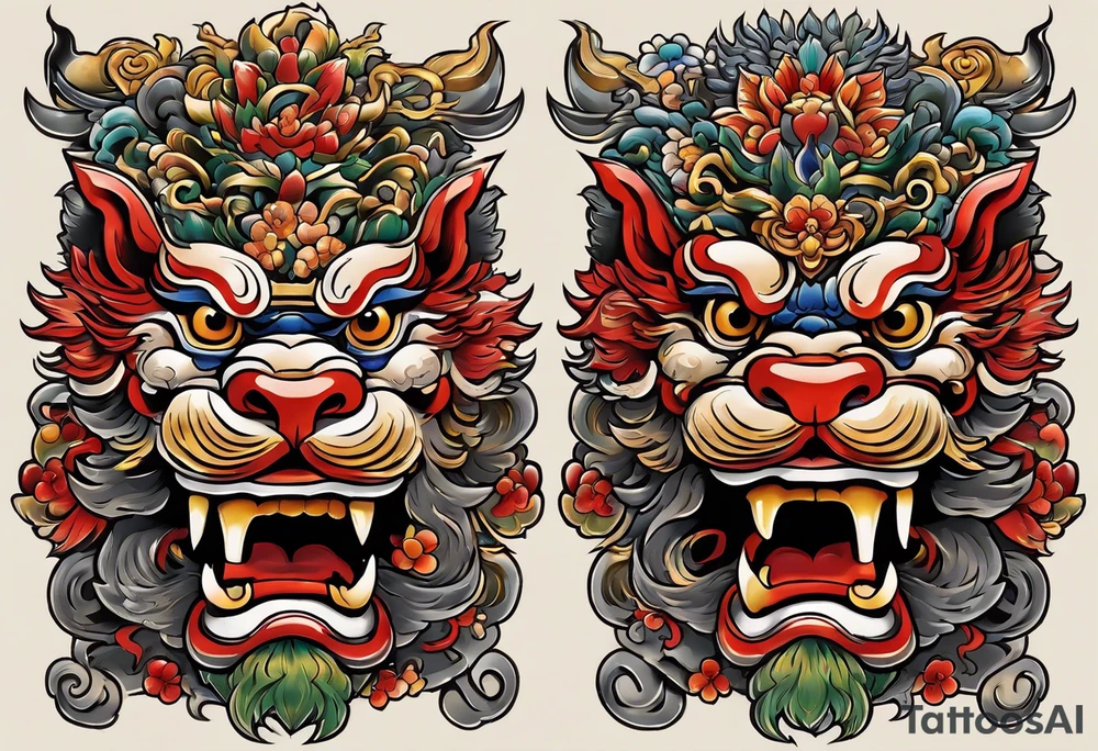 Double pectoral chest piece, of traditional Okinawa shisa. On one side is the male with his mouth open, and the other side, the female with her mouth closed. tattoo idea