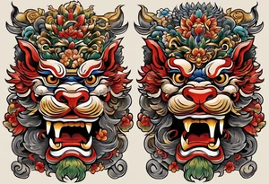 Double pectoral chest piece, of traditional Okinawa shisa. On one side is the male with his mouth open, and the other side, the female with her mouth closed. tattoo idea