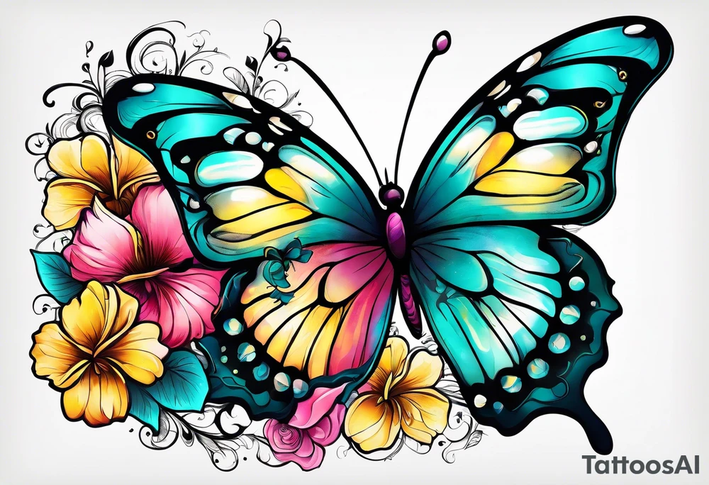 Butterfly made of flowers, hibiscus, roses, yellow, teal, pink tattoo idea