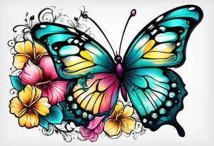 Butterfly made of flowers, hibiscus, roses, yellow, teal, pink tattoo idea