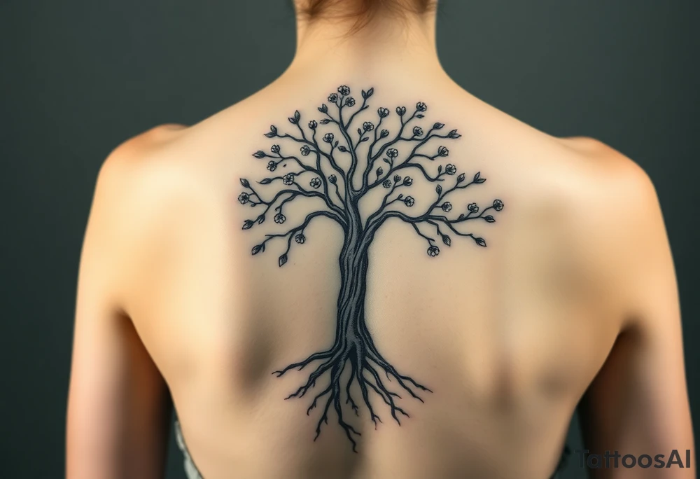 back tattoo with proverbs 31 with tree of life woman tattoo woman’s body as the trunk with no head  with roots and branches from neck with  small flowers from a few branches tattoo idea