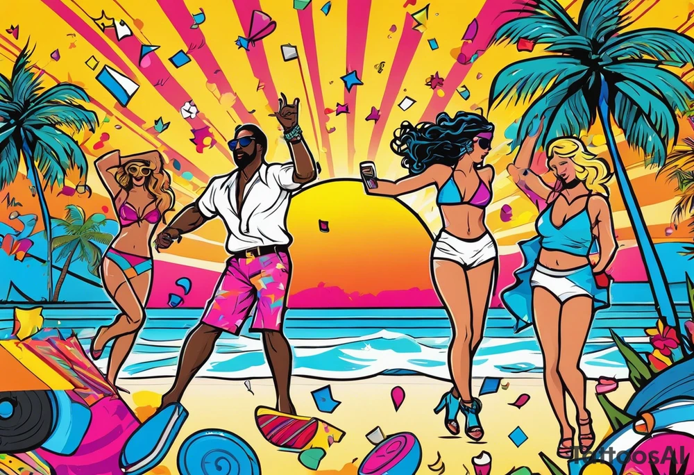 1980's miami vice style beach dance 
party, include confetti, music notes, boom box, bikinis sunset in the center tattoo idea