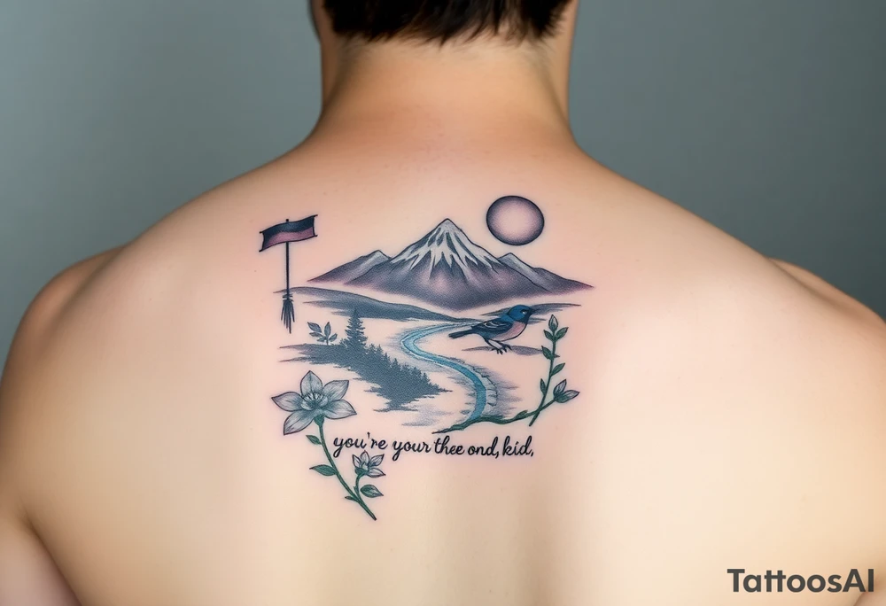 upper arm tattoo with buddhist prayer flags, mountain, river, "you're on your own, kid", little blue bird, daffodil, and full moon tattoo idea
