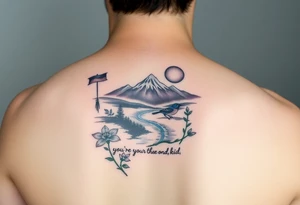 upper arm tattoo with buddhist prayer flags, mountain, river, "you're on your own, kid", little blue bird, daffodil, and full moon tattoo idea