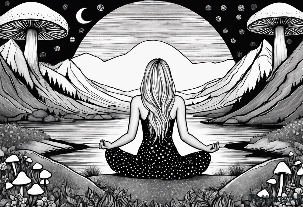 Straight blonde hair girl meditating facing away toward mountains surrounded by mushrooms crescent moon mandala circular design black and white striped dress tattoo idea