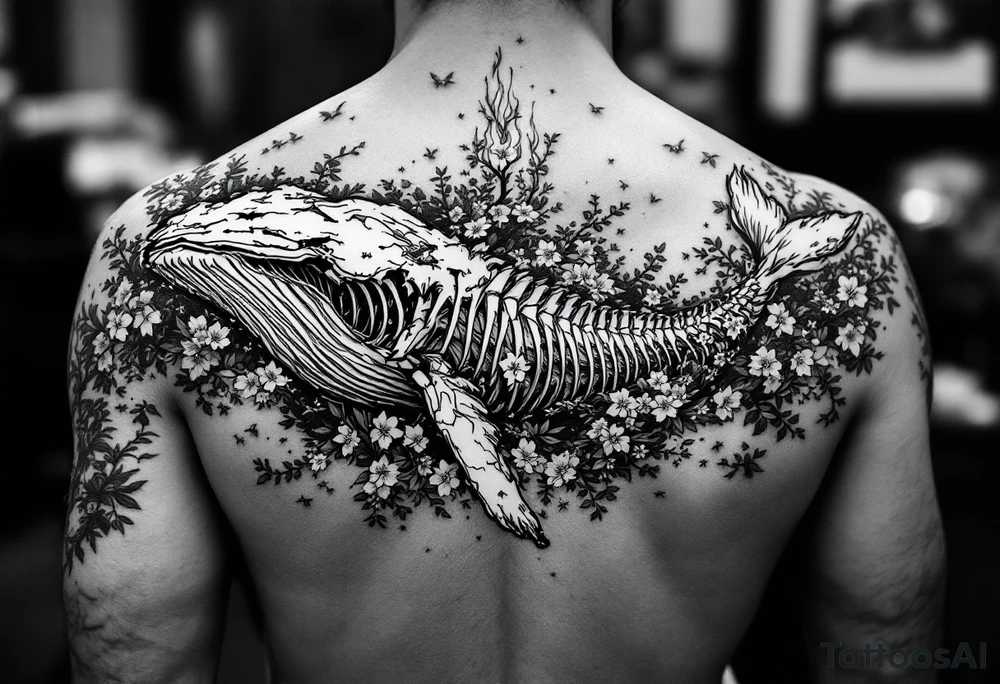 idea is basically a whale that's damaged and torn exposing the skeletal innerts, but it's still fiercely moving forward as hard as it can, swimming in waves and a bed of flower. contrasts, focus cherry blossoms, waves and fire tattoo idea