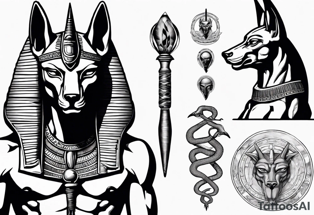Egyptian god Anubis with snakes next to him in the desert tattoo idea