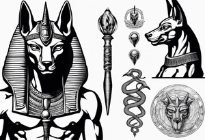 Egyptian god Anubis with snakes next to him in the desert tattoo idea