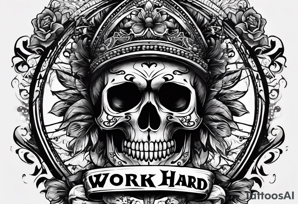 I want a tattoo with a skull design that says "work hard" at the top and "play hard" at the bottom, in black only. tattoo idea