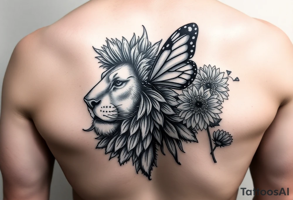 Lion, butterfly, Dahlia, dandelion tattoo idea