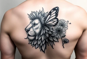 Lion, butterfly, Dahlia, dandelion tattoo idea