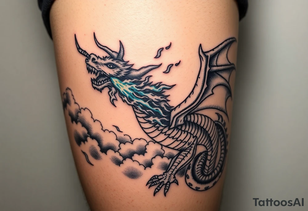 fierce dragon breathing iridescent fire against stormy skies tattoo idea