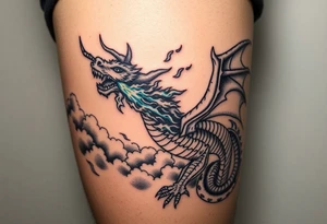 fierce dragon breathing iridescent fire against stormy skies tattoo idea