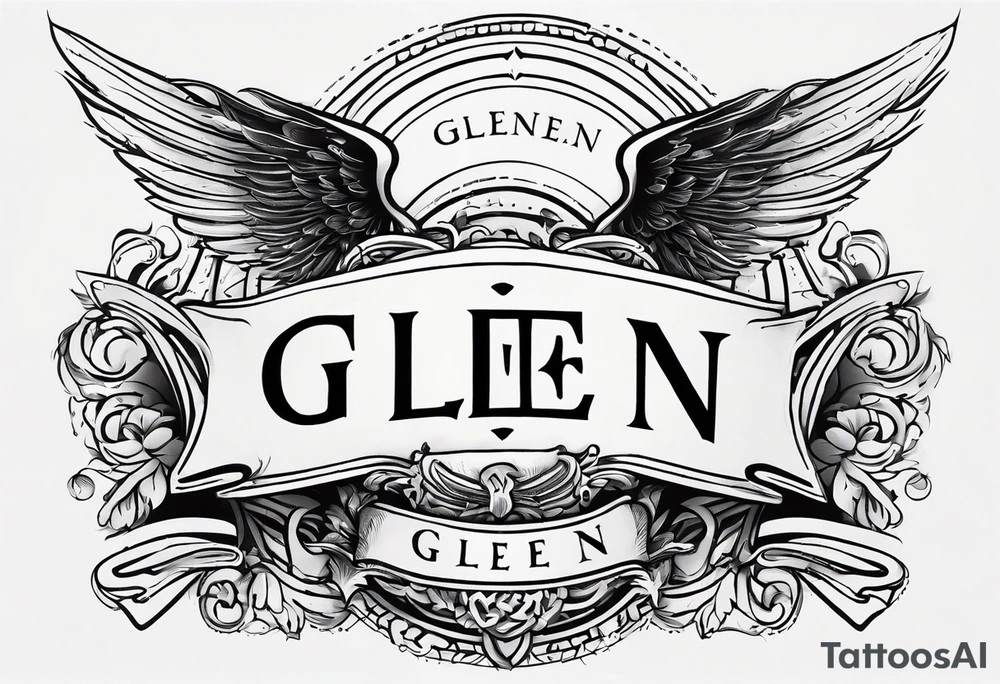 A simple tattoo with the word Glenn on a banner with angel Wings tattoo idea