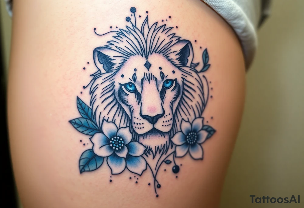 Lion with blue eyes surrounded by larkspur and water lily tattoo idea