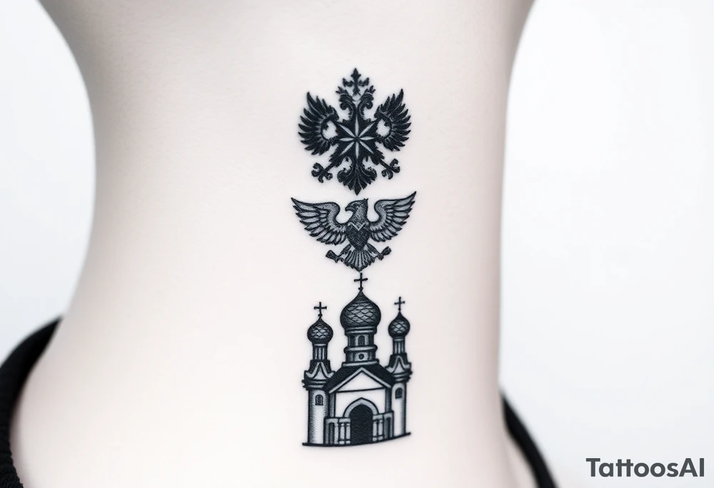 Stacked Vertical Column 

Russian star — small, bold
Middle: Miniature double-headed eagle — simplified, cleaner lines to suit the smaller space
Bottom: Orthodox church dome(s) with a small Virgin Mary silhouette beneath tattoo idea