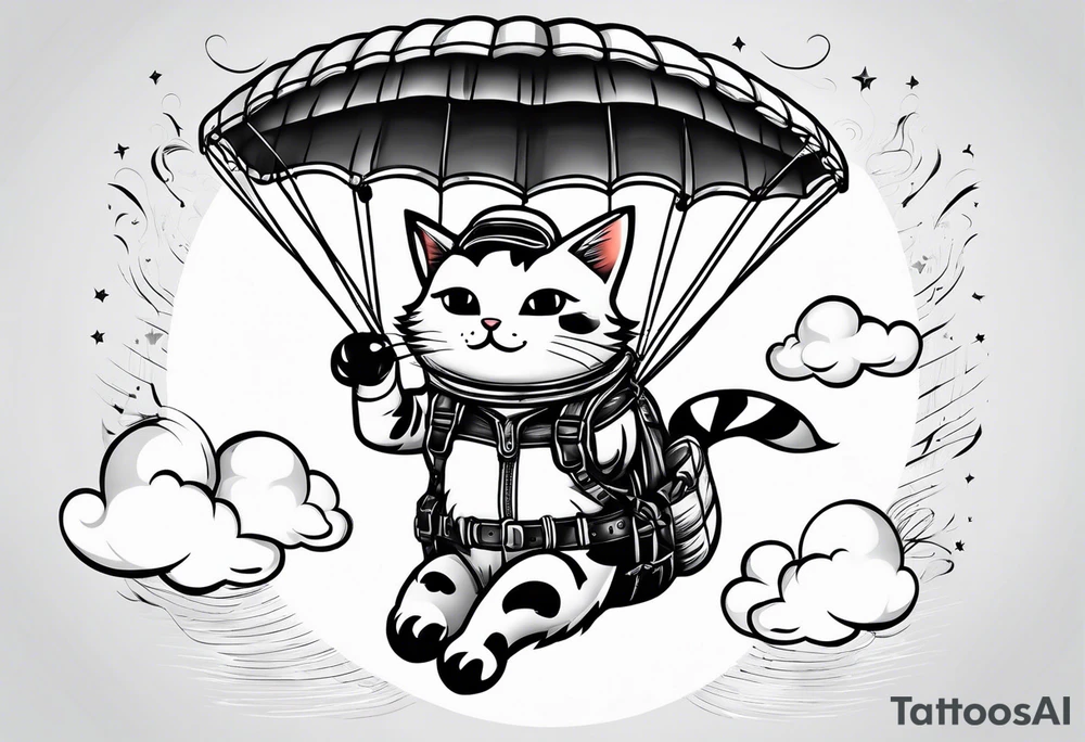 funny cat skydiving with a parachute open tattoo idea