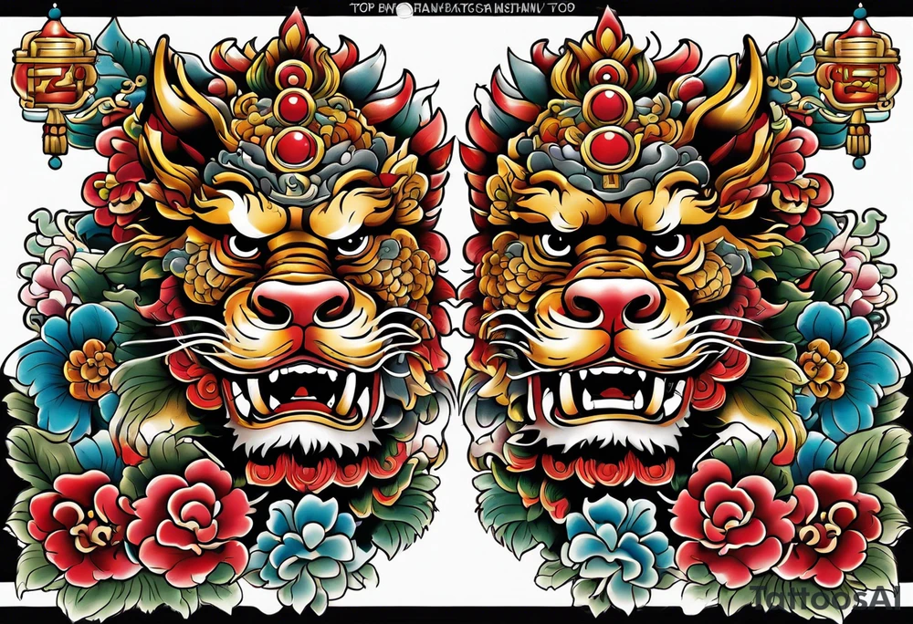 Pair of Okinawa shisa on chest. 1980s Yakuza style tattoo idea