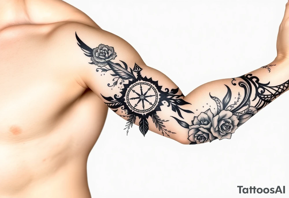 feathers with compass  a clock on elbows with roses tattoo idea