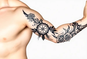 feathers with compass  a clock on elbows with roses tattoo idea