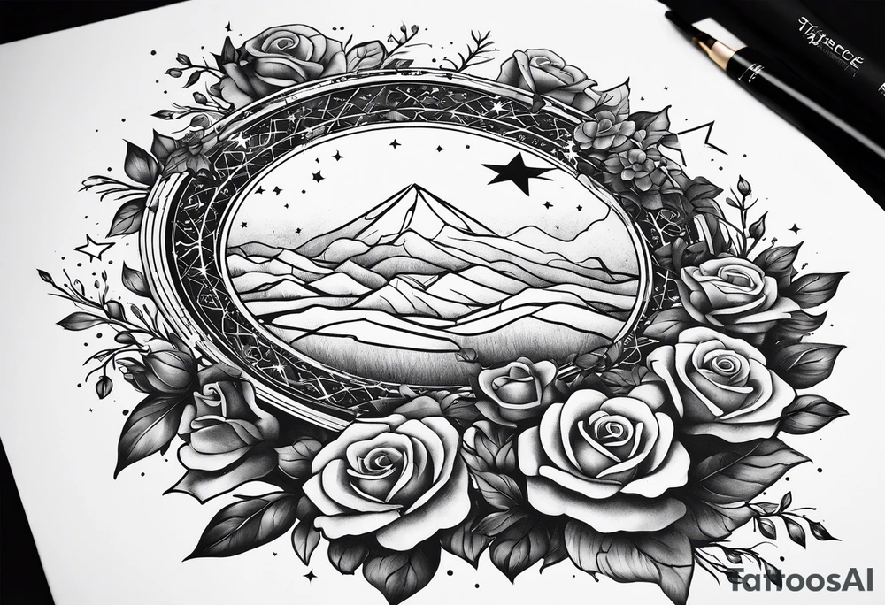 Tesseract with a field of small roses and stars around it tattoo idea