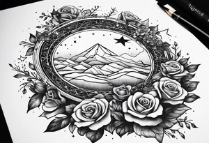 Tesseract with a field of small roses and stars around it tattoo idea