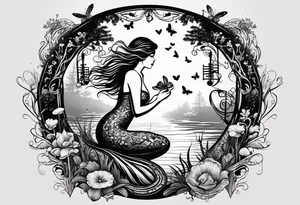 Mermaid silhouette surrounded by musical notes in a Louisiana bayou that has cypress trees, mushrooms, lily pads, frogs, and bugs tattoo idea