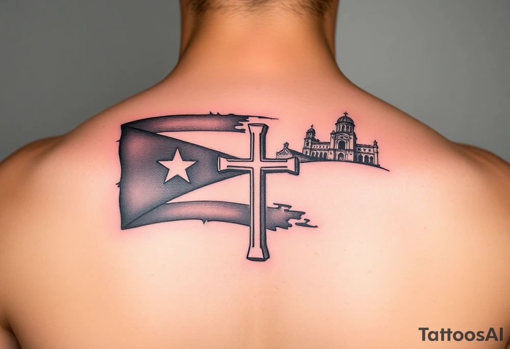 puerto rican flag , cross, old san juan in the background tattoo idea